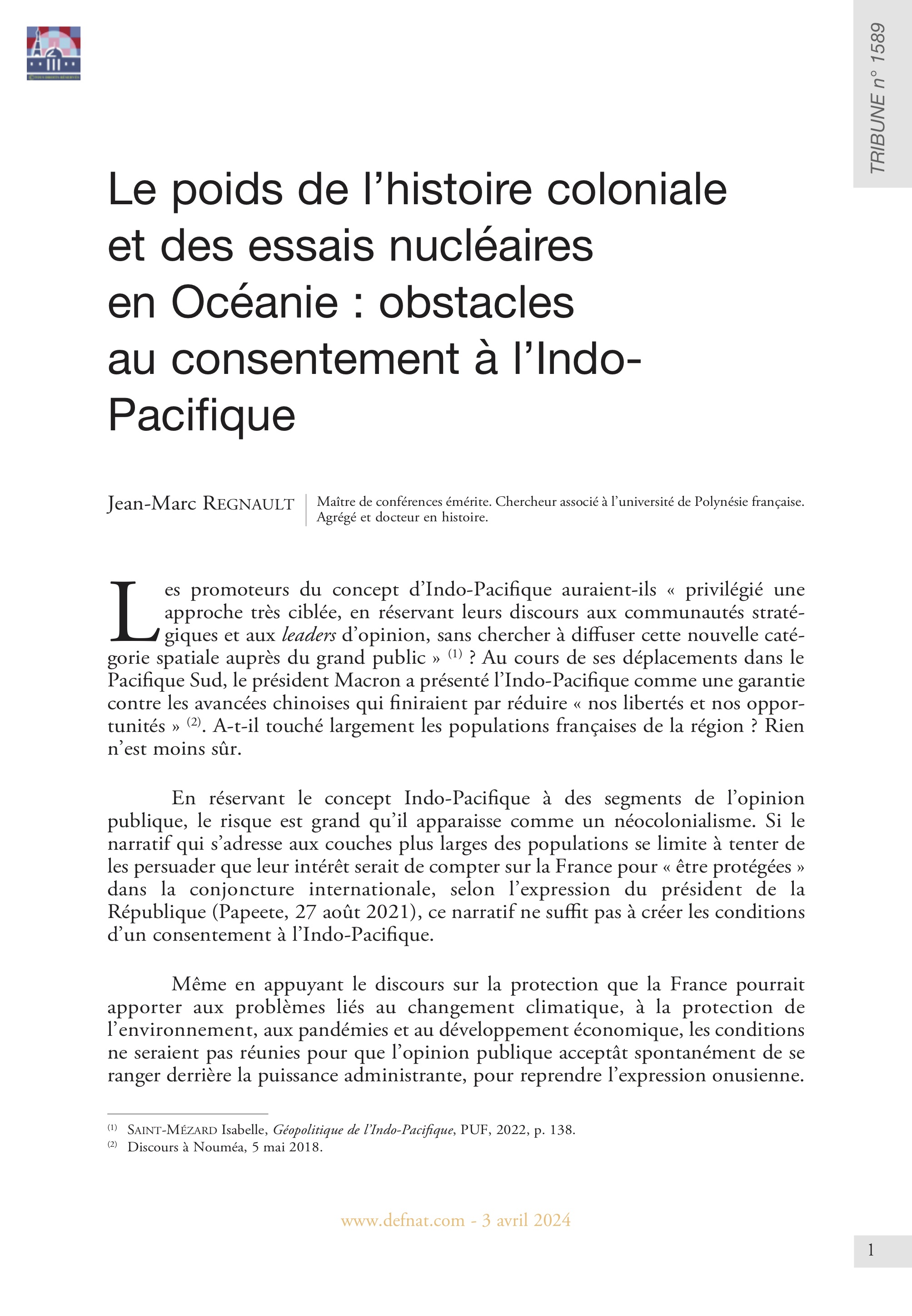 Le poids de l’histoire coloniale et des essais nucléaires en Océanie : obstacles au consentement à l’Indo-Pacifique (T 1589)
